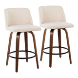 Tintori - Fixed-Height Counter Stool (Set of 2) - Walnut Wood With Round Black Footrest And Cream Noise Fabric