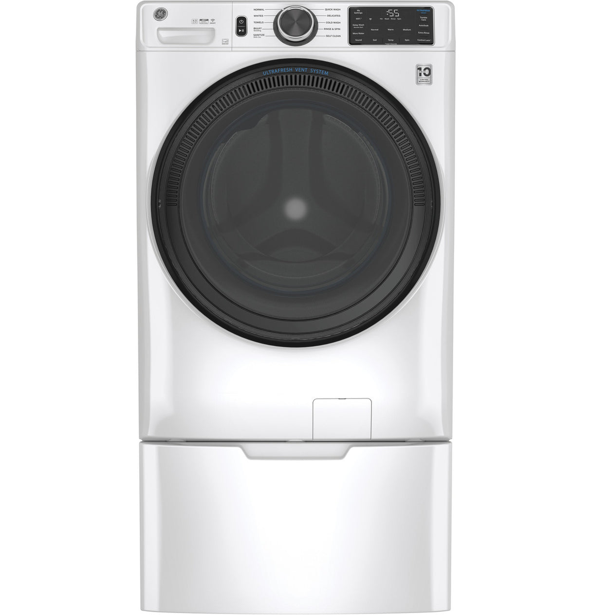 GE GFW510SCNWW front load washer angled view
