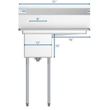 31 in. One Compartment Stainless Steel Commercial Sink with Drainboard, Bowl Size 12" x 16" x 10" SA121610-16R3.