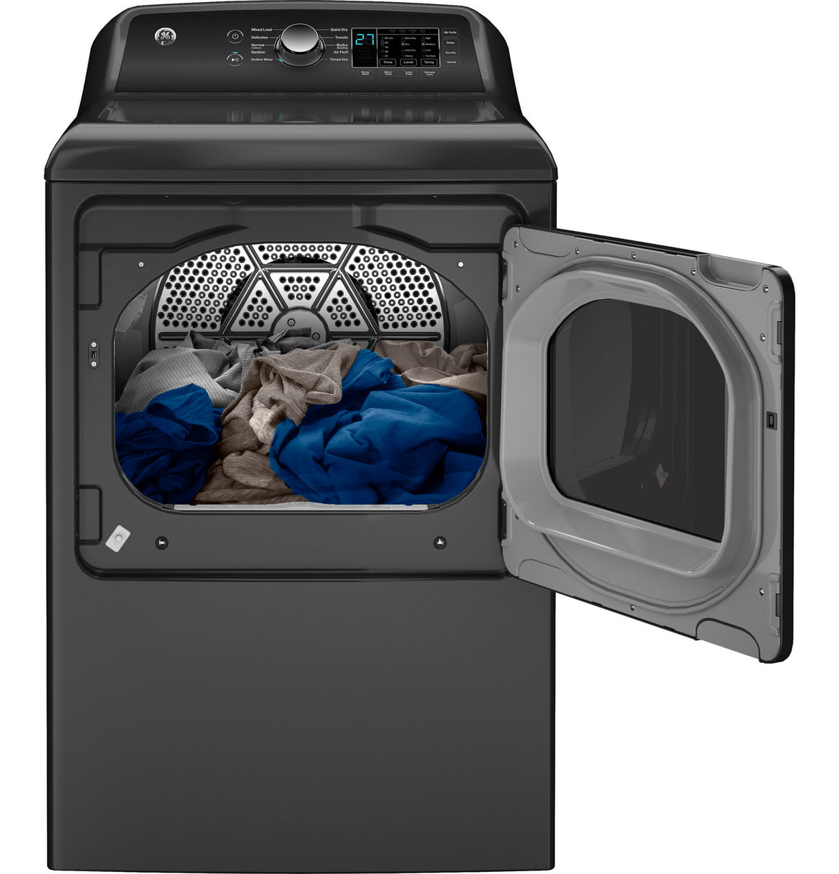 GE GTD58GBPVDG dryer with door open showing LED lit drum