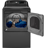 GE GTD58GBPVDG dryer with door open showing LED lit drum
