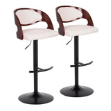Pino - Mid-Century Modern Adjustable Swivel Barstool (Set of 2) - Black Metal, Cherry Wood And White Faux Leather With Rounded T Footrest