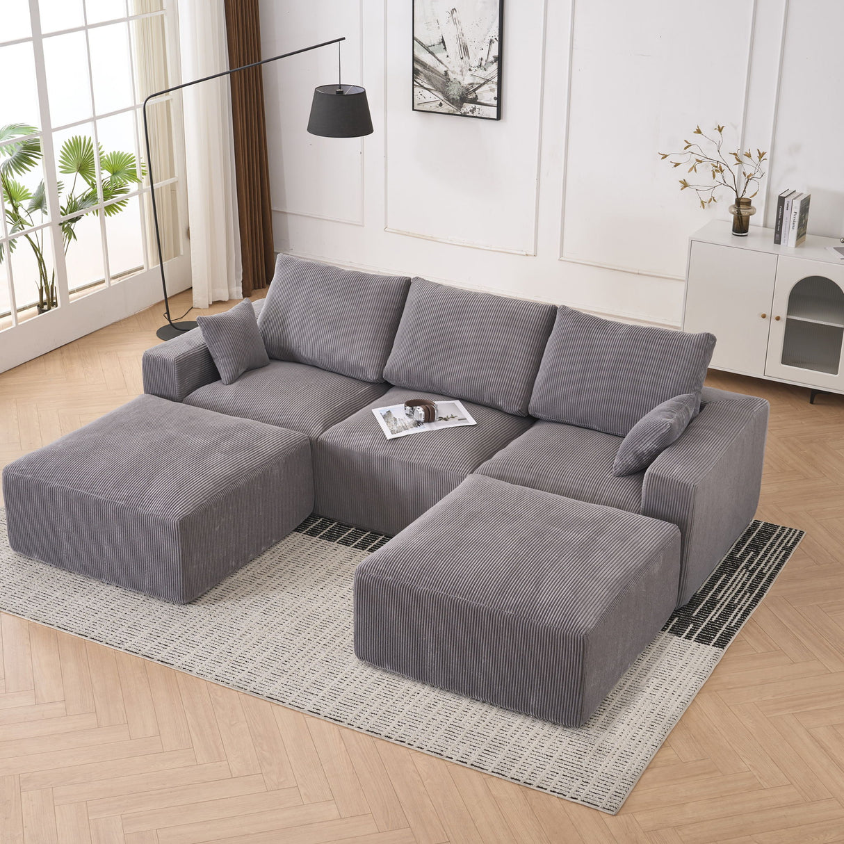 Modular Sectional Sofa With Ottoman, USB And Type C Charger, Petal Armrest Design