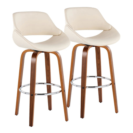Fabrizzi - 30" Fixed-Height Barstool With Swivel And Round Chrome Metal Footrest (Set of 2) - Walnut Wood