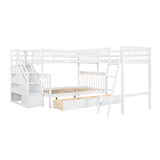 Solid L Shaped Bunk Bed With 3 Drawers, Ladder And Staircase