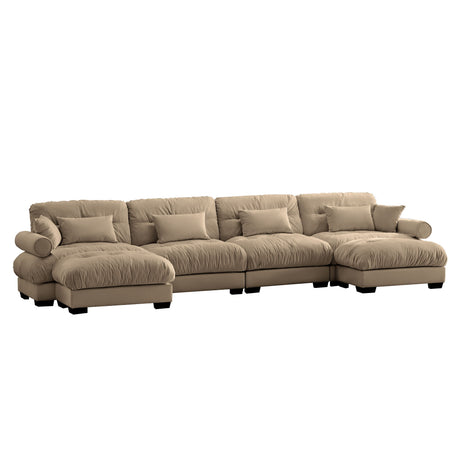 Modern Sectional Sofa With Ottoman, Round Bolster Armrests, Waist And Throw Pillows