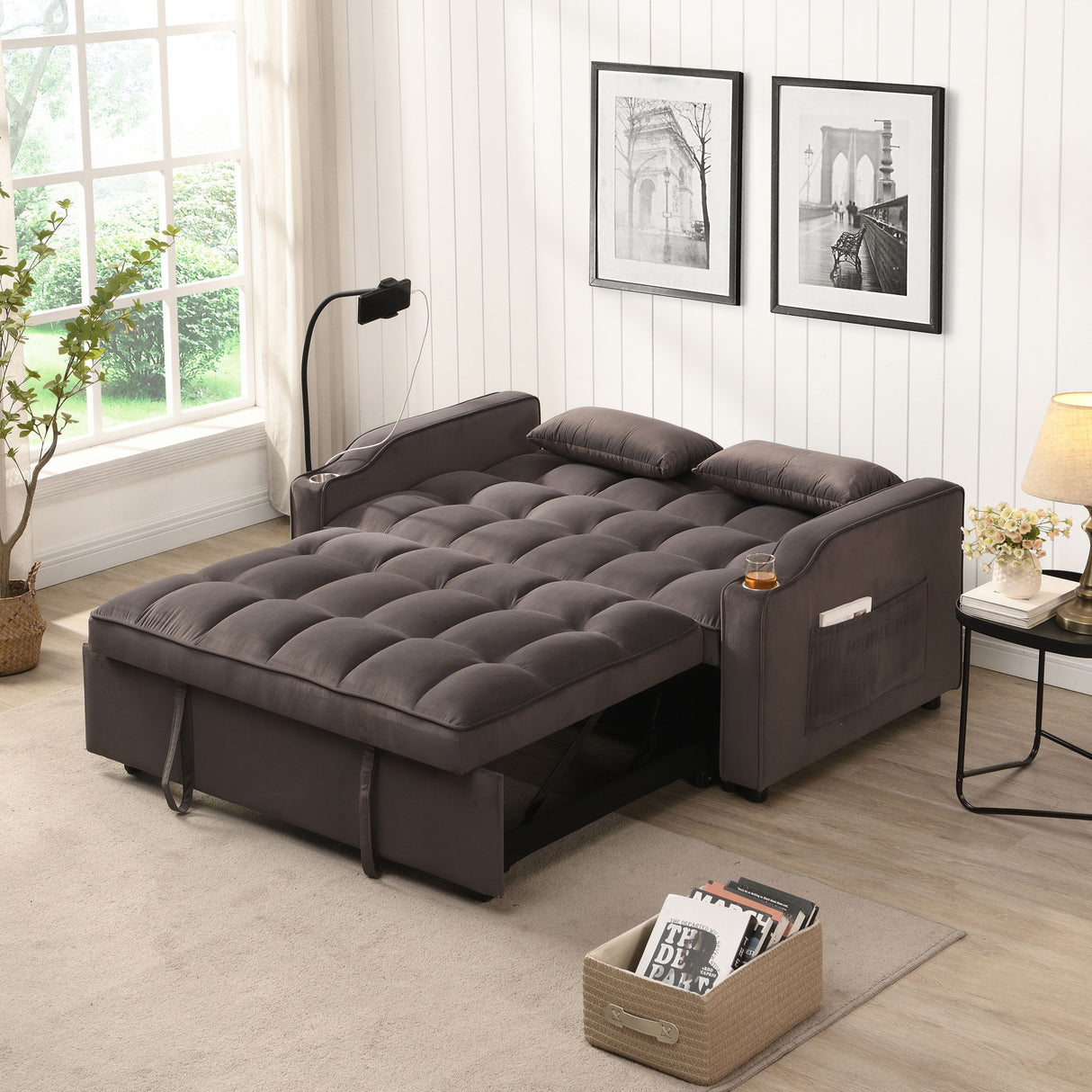 Modern Velvet Loveseat With Pullout Bed, Adjustable Reclining Backrest