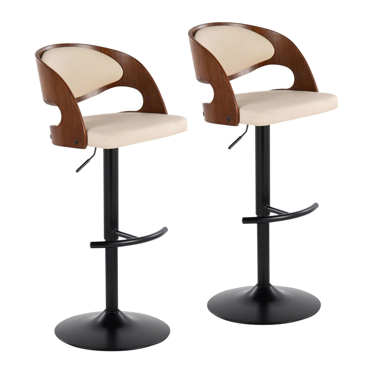 Pino - Mid-Century Modern Adjustable Swivel Barstool (Set of 2) - Black Metal, Walnut Wood And Cream Faux Leather With Round T Footrest