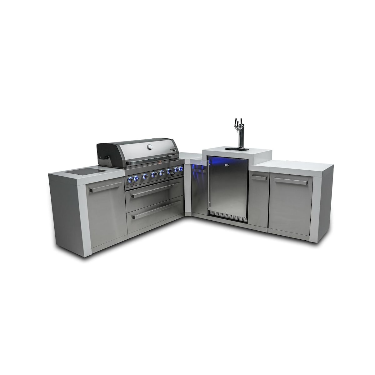 Mont Alpi Deluxe Series 8 Ft L-Shaped Propane Outdoor Kitchen Island w/ Side Burner & Kegerator - MAi805-D90KEG