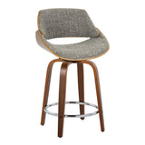 Fabrizzi - 24" Fixed-Height Counter Stool With Swivel And Round Chrome Metal Footrest (Set of 2) - Walnut Wood And Gray Noise Fabric