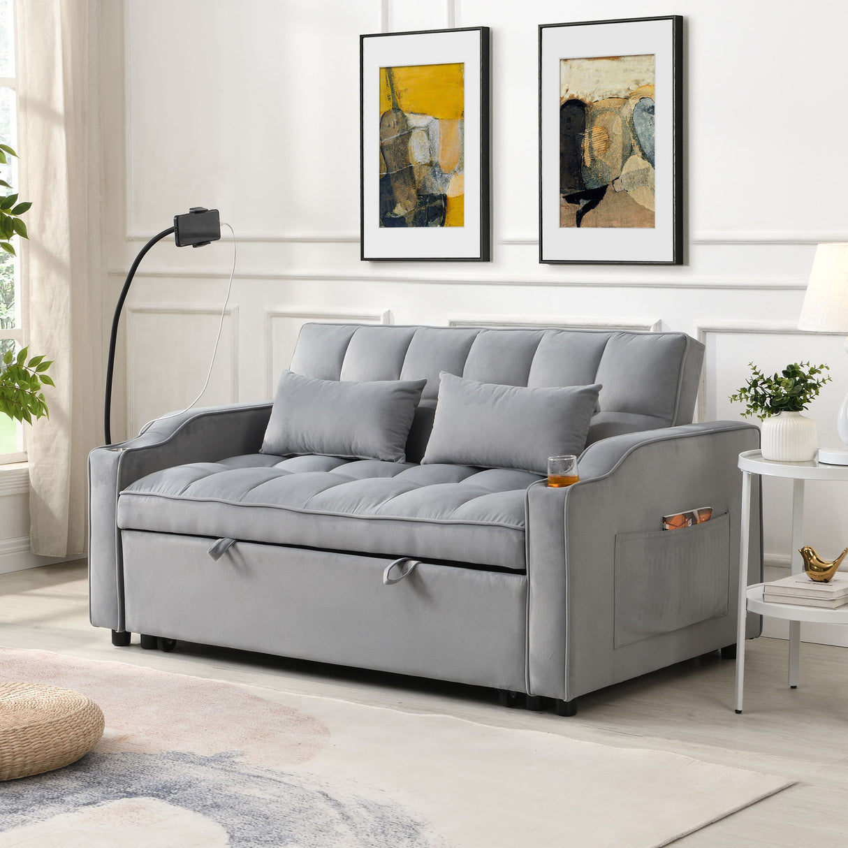 Modern Velvet Loveseat Futon Sofa With Pullout Bed, Adjustable Reclining Backrest, Toss Pillows