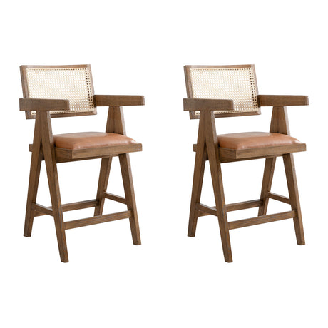 Harley - Nutmeg Brown Solid Wood And Rattan Upholstered 26" Counter Height Barstool