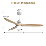 60" DC Motor Ceiling Fan With Light, 3 Blades, 18W LED 3 Color Dimmable With Memory, 6 Speed Lcd Remote Control, Reversible Motor, Timer Setting (1 / 4 / 8 H) - White