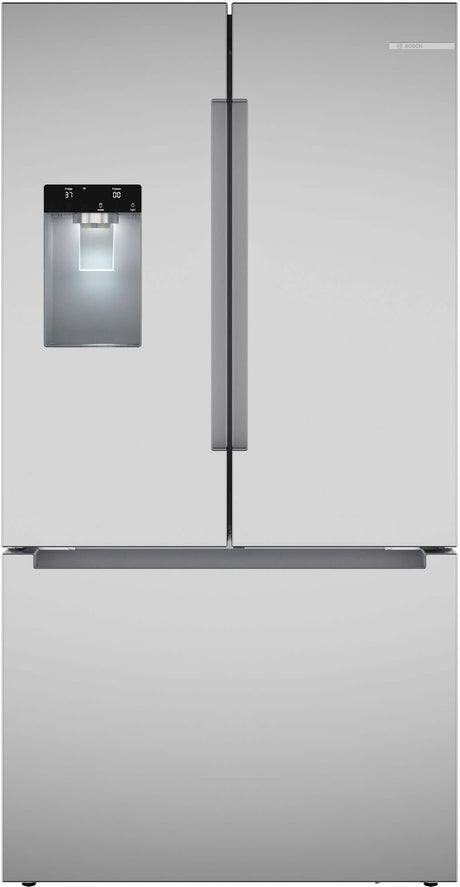Bosch B36FD10ENS 36" French door refrigerator in stainless steel, front view