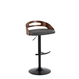 Cassis - Contemporary Adjustable Swivel Barstool (Set of 2) - Black Metal, Walnut Wood And Gray Faux Leather With Round T Footrest