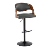 Pino - Mid-Century Modern Adjustable Swivel Barstool (Set of 2) - Black Metal, Walnut Wood