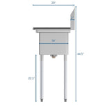 23 in. One Compartment Stainless Steel Commercial Sink with Drainboard, Bowl Size 10" x 14" x 10" SA101410-10L3.