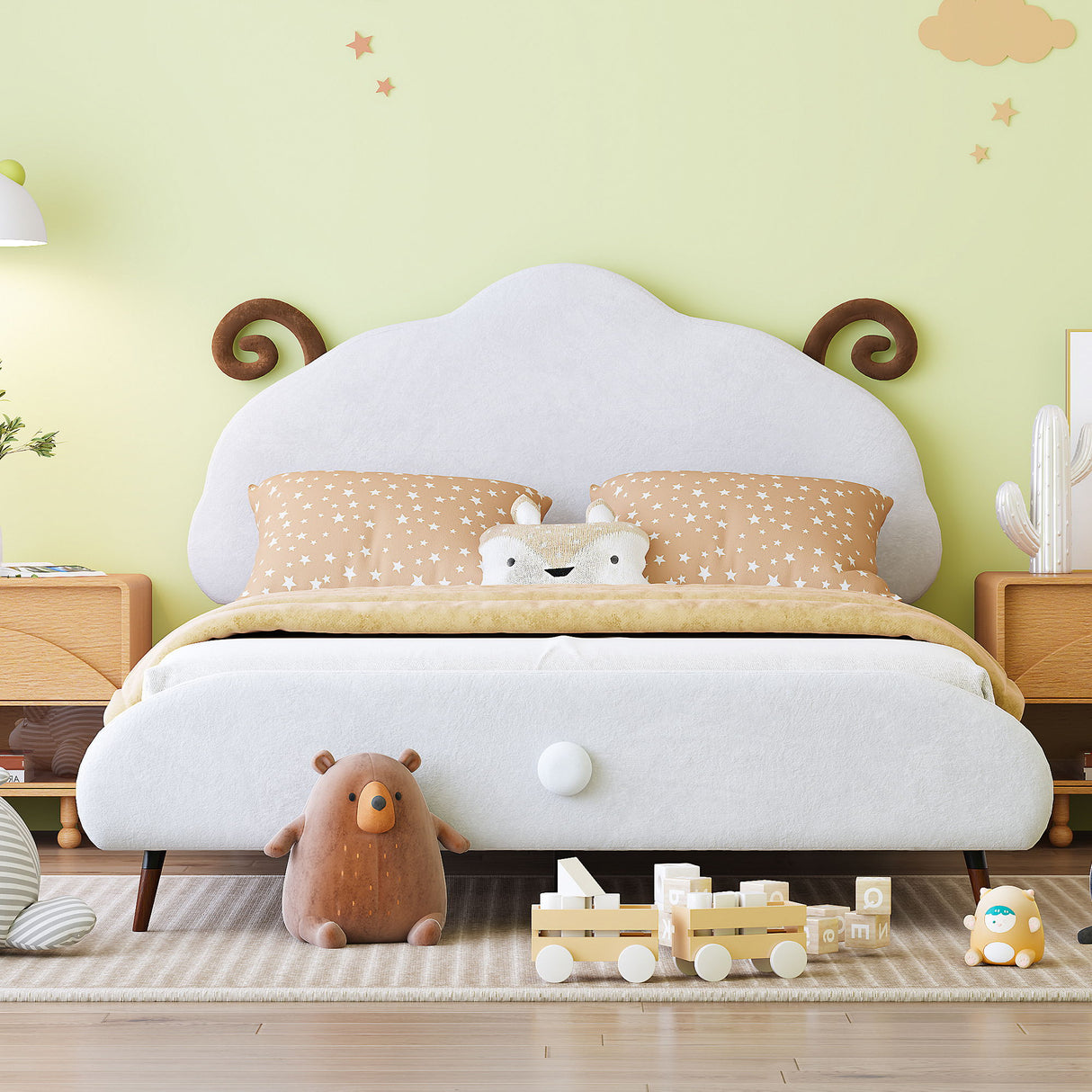 Upholstered Platform Bed With Sheep Shaped Headboard