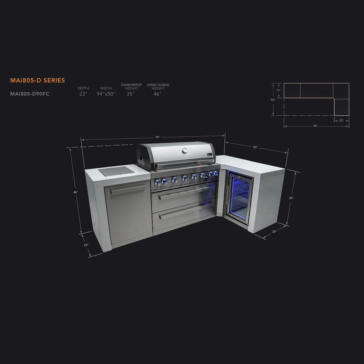 Mont Alpi Deluxe Series 8 Ft L-Shaped Natural Gas Outdoor Kitchen Island w/ Side Burner & Fridge- MAi805-D90FC