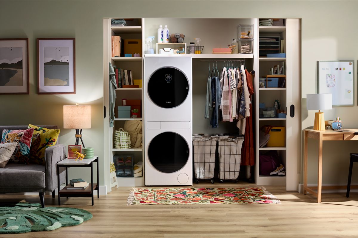 Whirlpool WFH5424SW laundry tower in a home laundry space