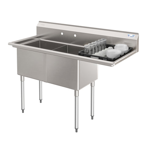 57 in. 16-Gauge 2-Compartment Commercial Sink with 18 in. Right drainboard, Bowl Dimensions 18"x18"x14" in Stainless-Steel (KM-SB181814-18R316)