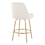 Marcel - 27" Fixed-Height Counter Stool With Swivel And Round Gold Metal Footrest (Set of 2) - Gold Metal And White Faux Leather With Gold Nailhead Trim