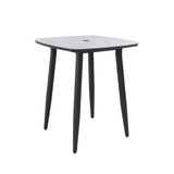 Modern Outdoor Bar Table, Rounded Square Sintered Stone Top With Umbrella Hole, Rust Free Frame, Weatherproof - Ember Black / White