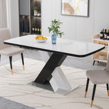 Rectangle Dining Table, Stretchable, Table Top With X Shape And Legs And Base - White / Black