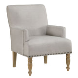Alice - Upholstered Arm Chair With Pecan Legs And Antique Brass Nailheads - Beige