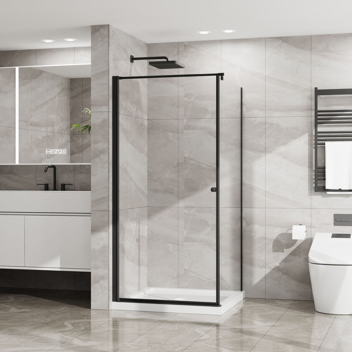 Corner Shower Enclosure, Frameless Pivot Door - Matte Black