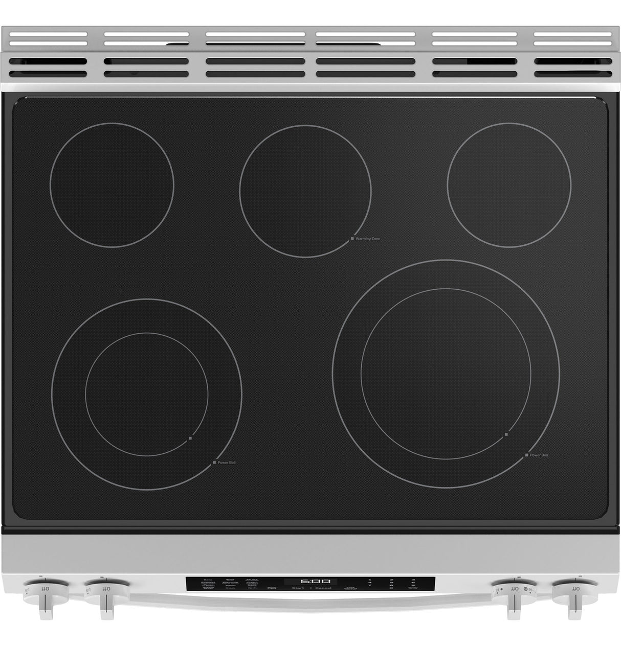 GE GRS600AVWW white slide-in electric range angled view