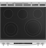 GE GRS600AVWW white slide-in electric range angled view