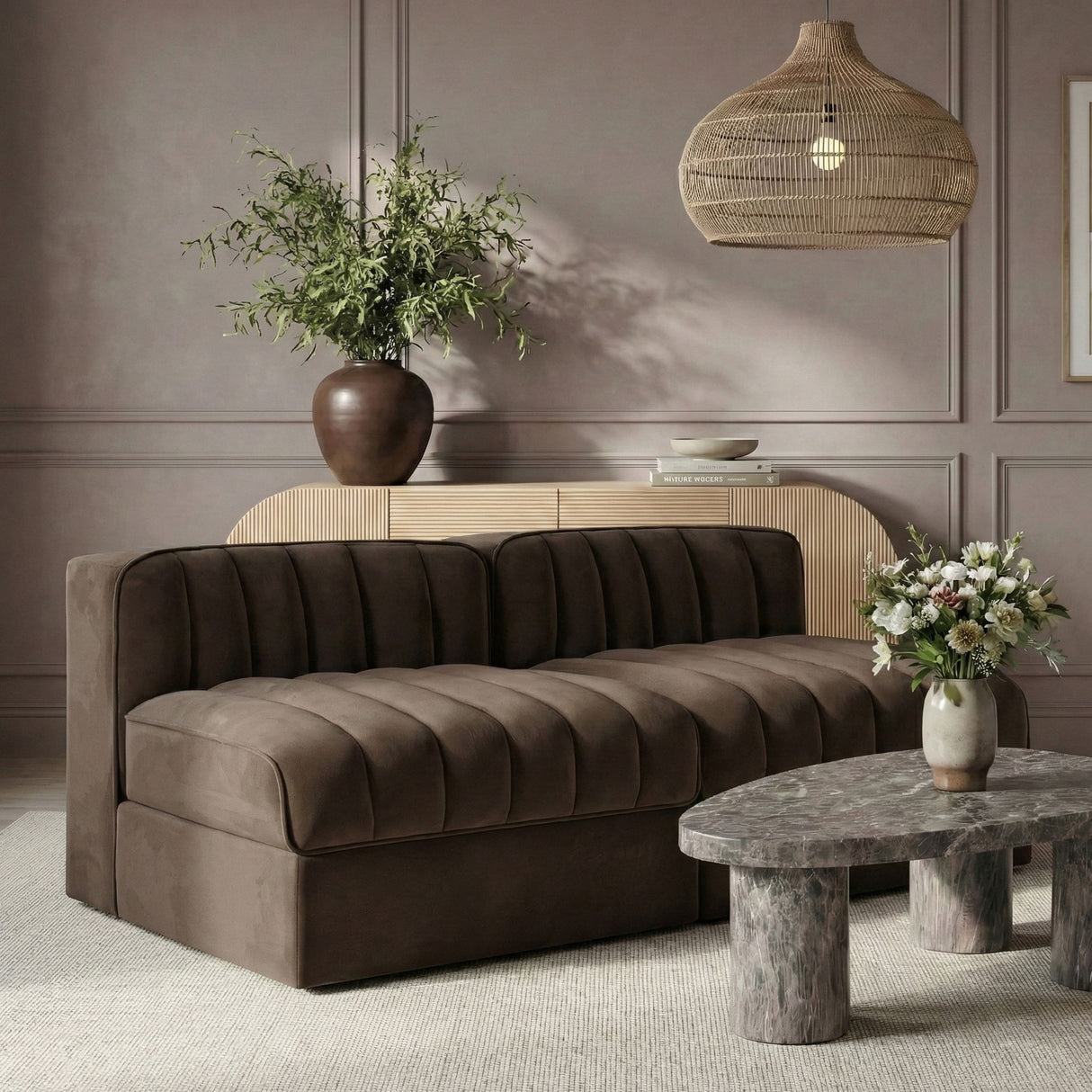 Rummi - Velvet Performance Fabric Upholstered 2 Piece Modular Armless Loveseat