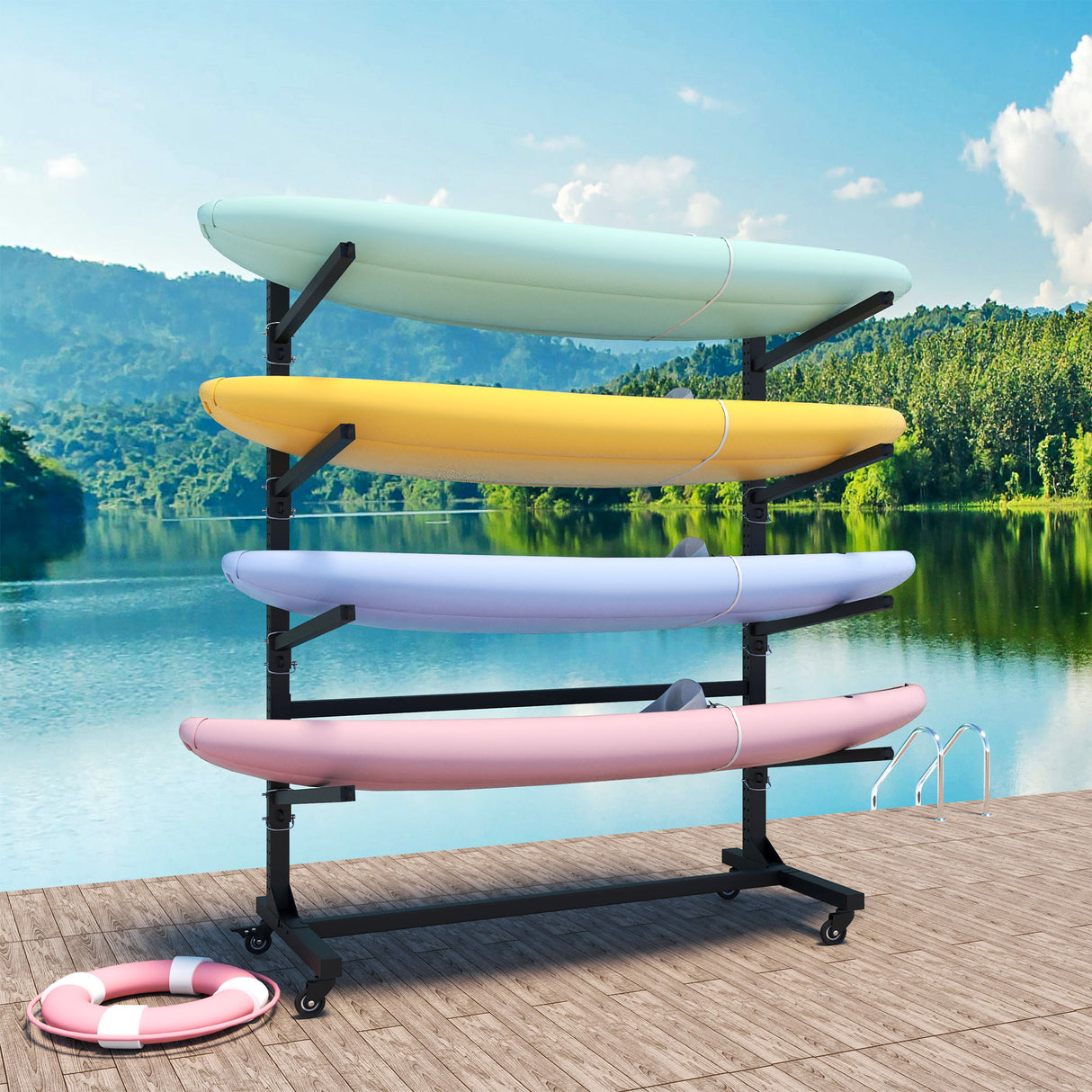 Freestanding Kayak Storage Rack With Lockable Wheels For Kayak, Canoe, Sup & Surfboard