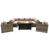9 Piece Outdoor Sectional Set With Fire Pit Table And Cushions - Beige