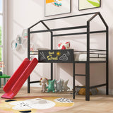 Twin Metal Loft Bed With Slide And 2 Sided Writable Wooden Board - Black