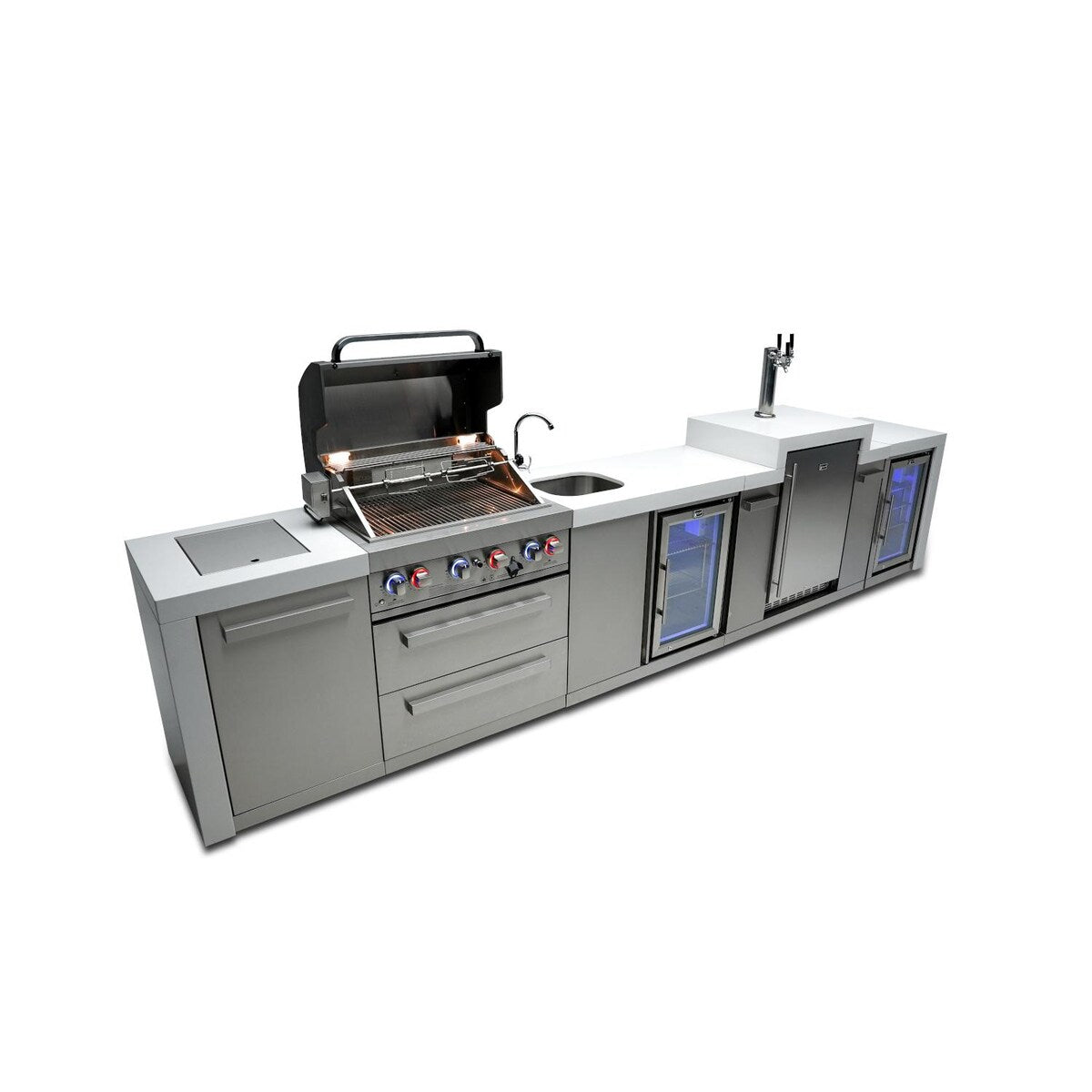 Mont Alpi Deluxe Series 14 Ft Propane Outdoor Kitchen Island w/ Side Burner, Beverage Center, Fridge & Kegerator - MAi400-DKEGBEVFC