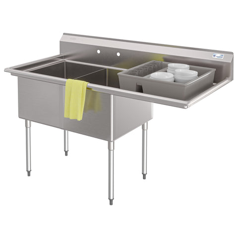 63 in. 18-Gauge 2-Compartment Commercial Sink with Backsplash and 24 in. Right Drainboard, Bowl dimensions 18"x24"x14" in Stainless-Steel (KM-SB182414-24R3)