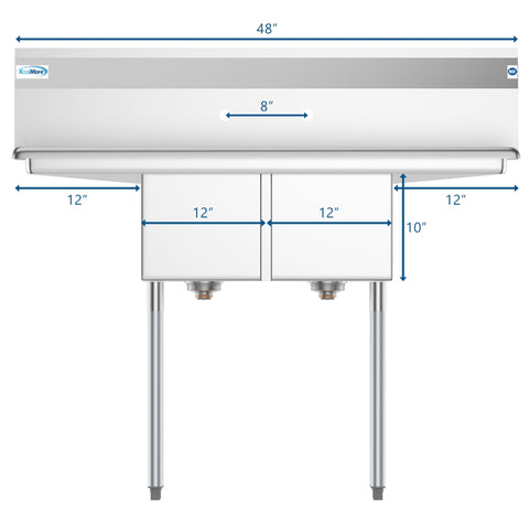 48 in. Two Compartment Stainless Steel Commercial Sink with 2 Drainboards, Bowl Size 12"x 16"x 10" SB121610-12B3.
