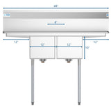 48 in. Two Compartment Stainless Steel Commercial Sink with 2 Drainboards, Bowl Size 12"x 16"x 10" SB121610-12B3.