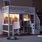 Loft Bed With Built In L Shaped Desk, LED Lights, Storage Shelves, Cabinets, And Staircase