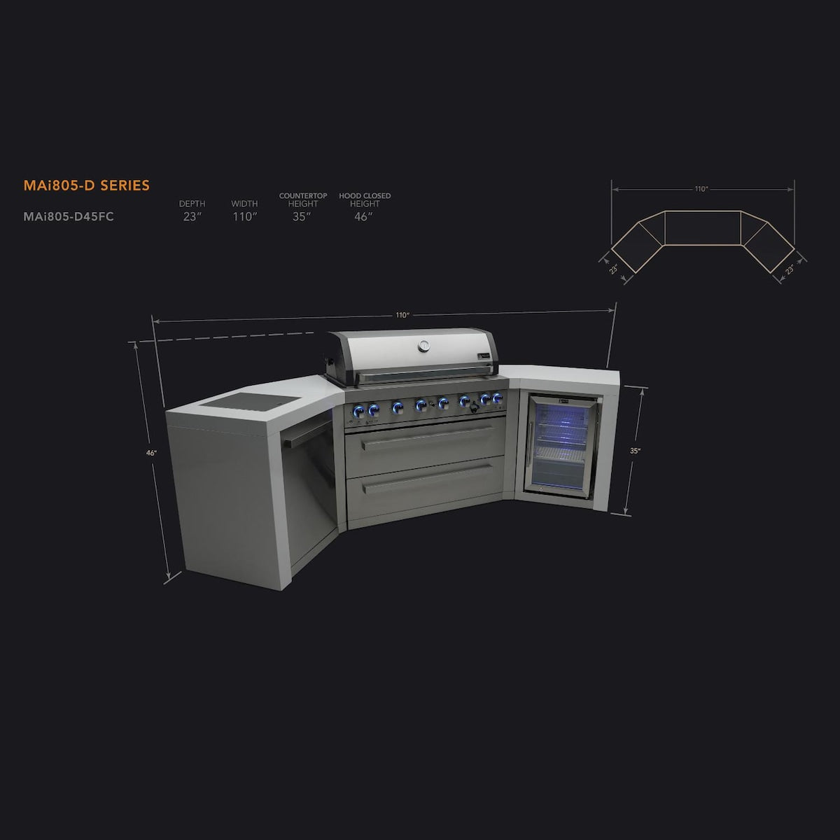 Mont Alpi Deluxe Series 9.5 Ft U-Shaped Natural Gas Outdoor Kitchen Island w/ Side Burner & Fridge - MAi805-D45FC