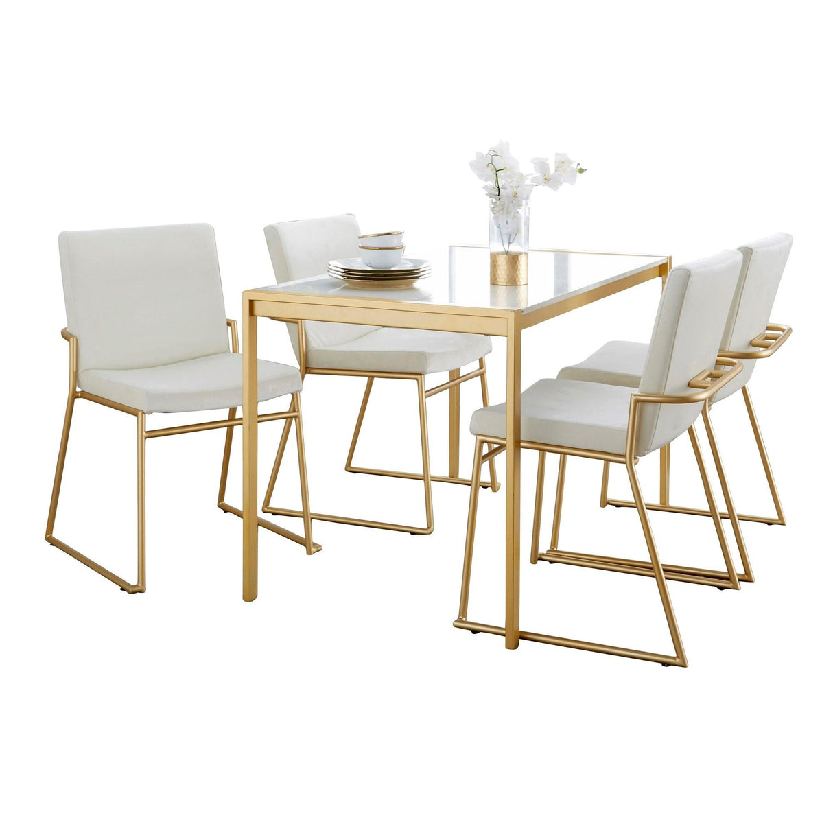 Fuji - Dutchess Contemporary 5 Piece Dining Room Set - Gold Metal, White Marble Tabletop And Cream Velvet