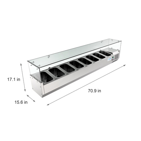 71 in. Eight Pan Refrigerated Countertop Condiment Prep Station - SCDC-8P-SG