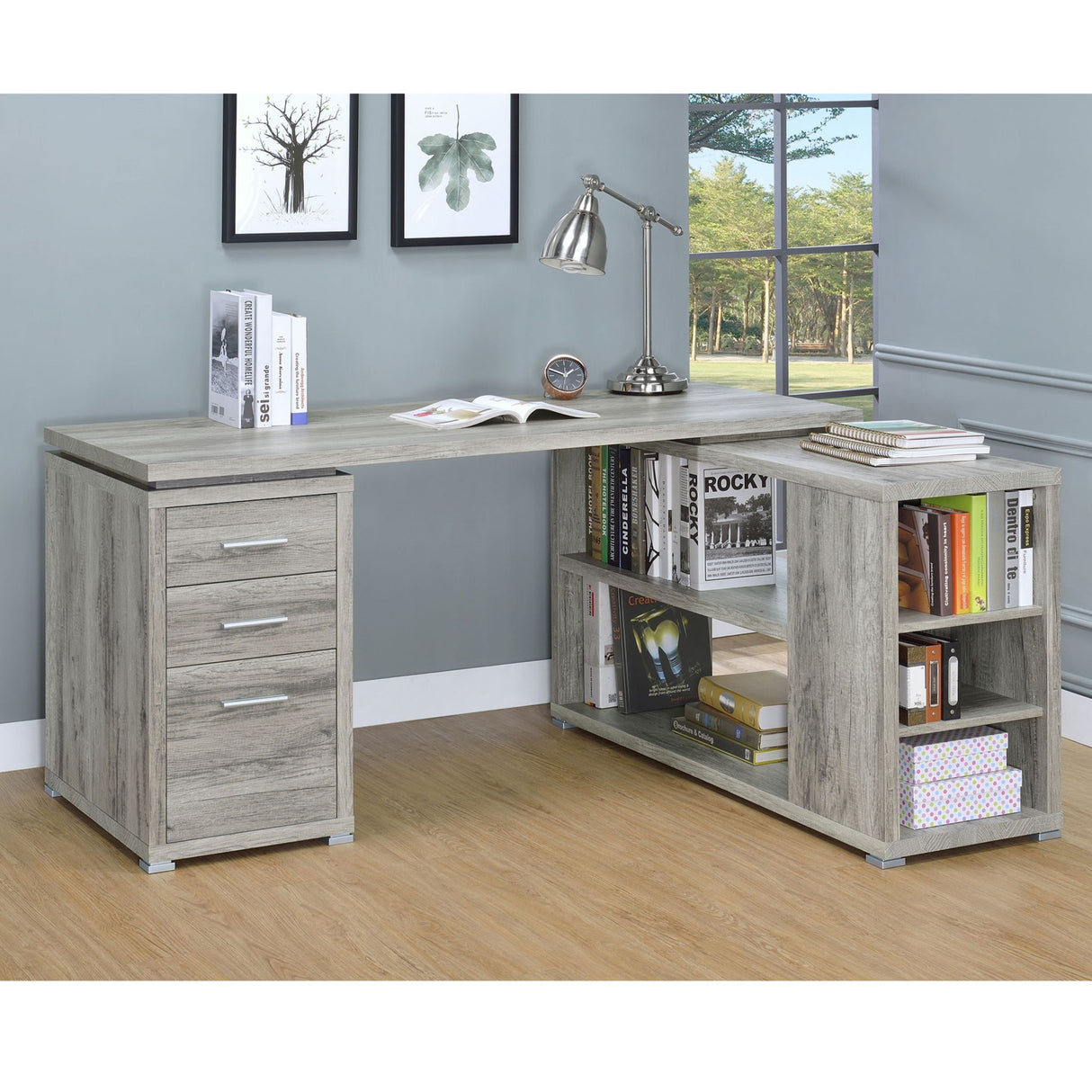 Transitional L Shape Computer Desk With Multiple Storage And Built In File Cabinet
