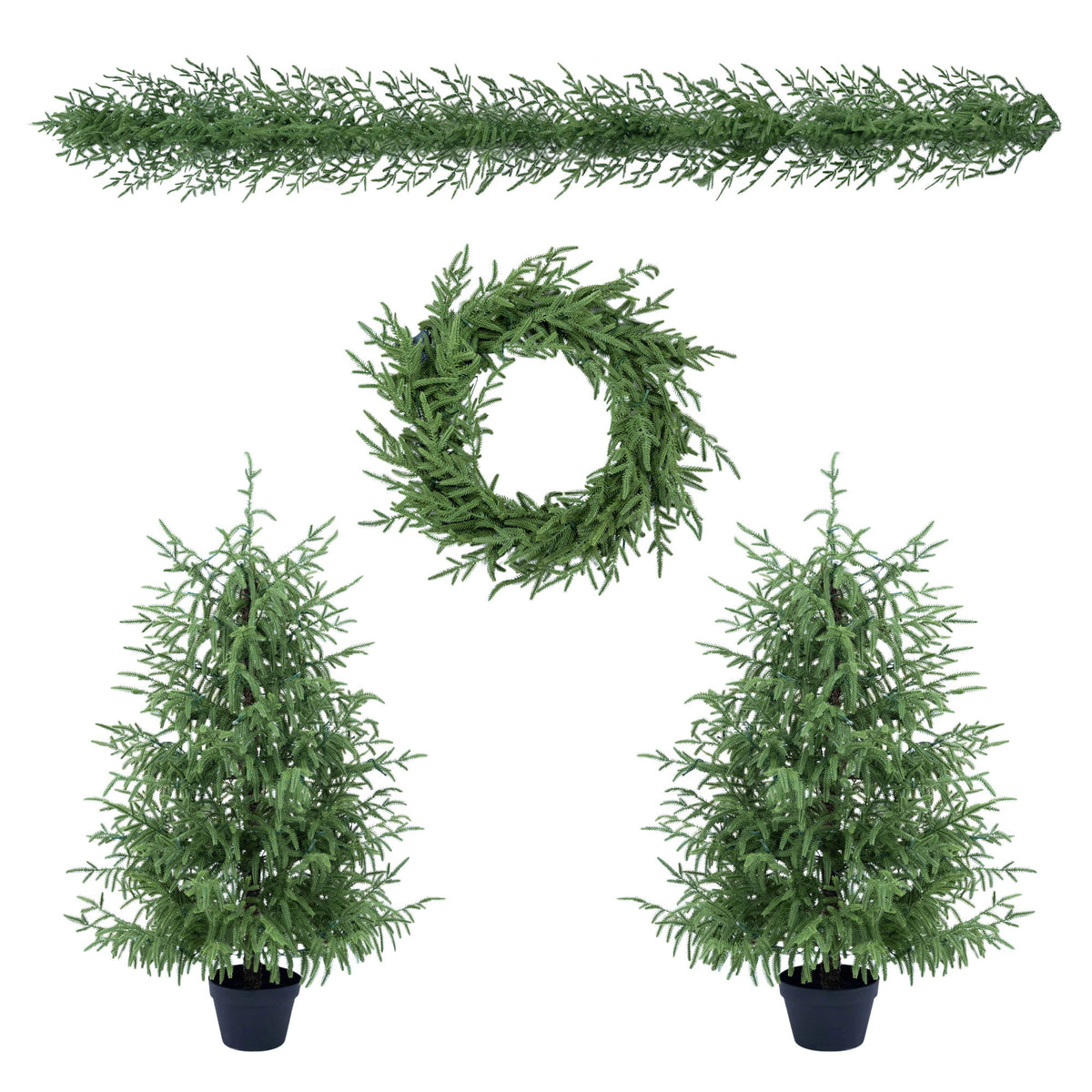 4 Piece Christmas Artificial Trees With Sturdy Bases, Pre Lit Wreath & Garland, Warm LED Lights, Indoor Holiday Decor - Green