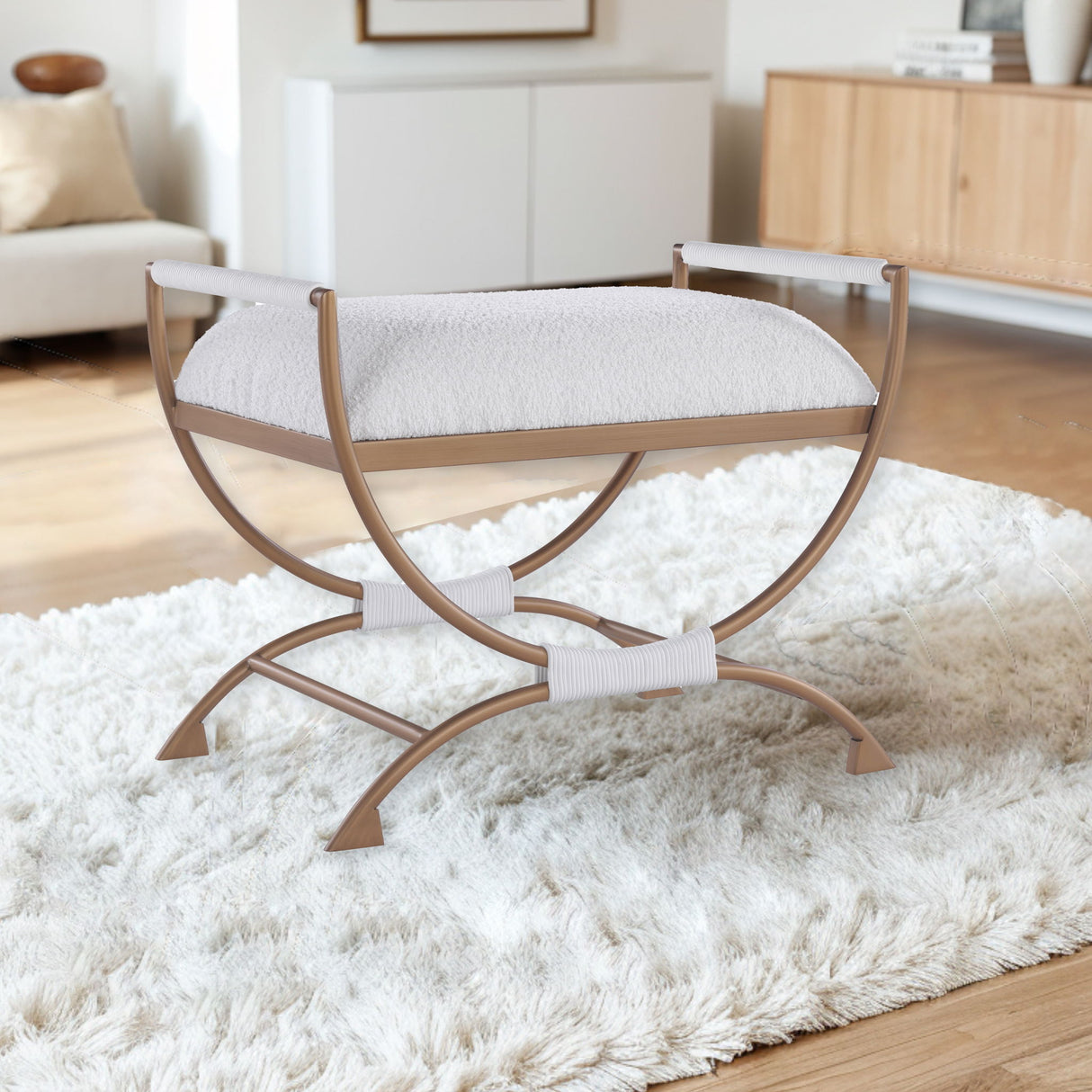 Nora - Bench With Bronze Metal Frame And Boucle Fabric Seat - White