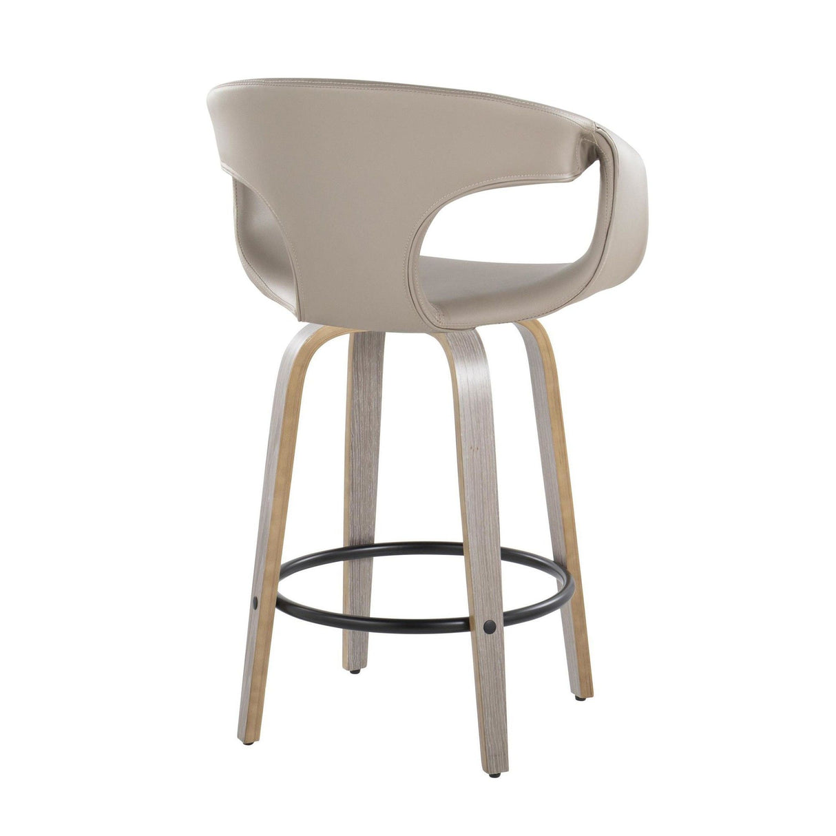 Curvo - Contemporary Fixed-Height Swivel Counter Stool (Set of 2) - Light Gray Wood And Light Gray Faux Leather With Round Black Metal Footrest