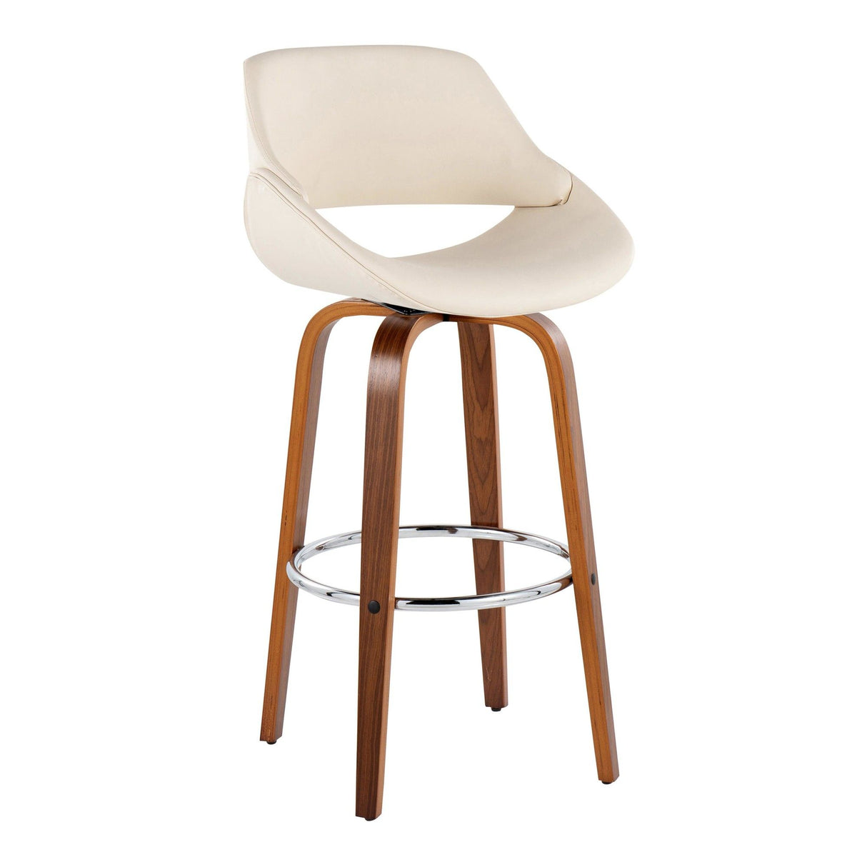 Fabrizzi - 30" Fixed-Height Barstool With Swivel And Round Chrome Metal Footrest (Set of 2) - Walnut Wood