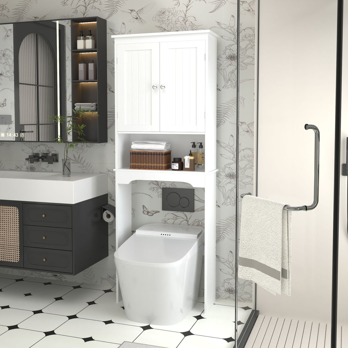 Over The Toilet Storage Cabinet, Bathroom Space Saver With Adjustable Shelf - White